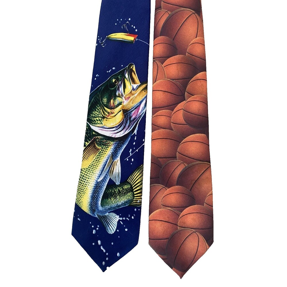 SET (2) Y2K Ralph Marlin Mens Tie BASS Fishing Print & BASKETBALL Tie Graphic